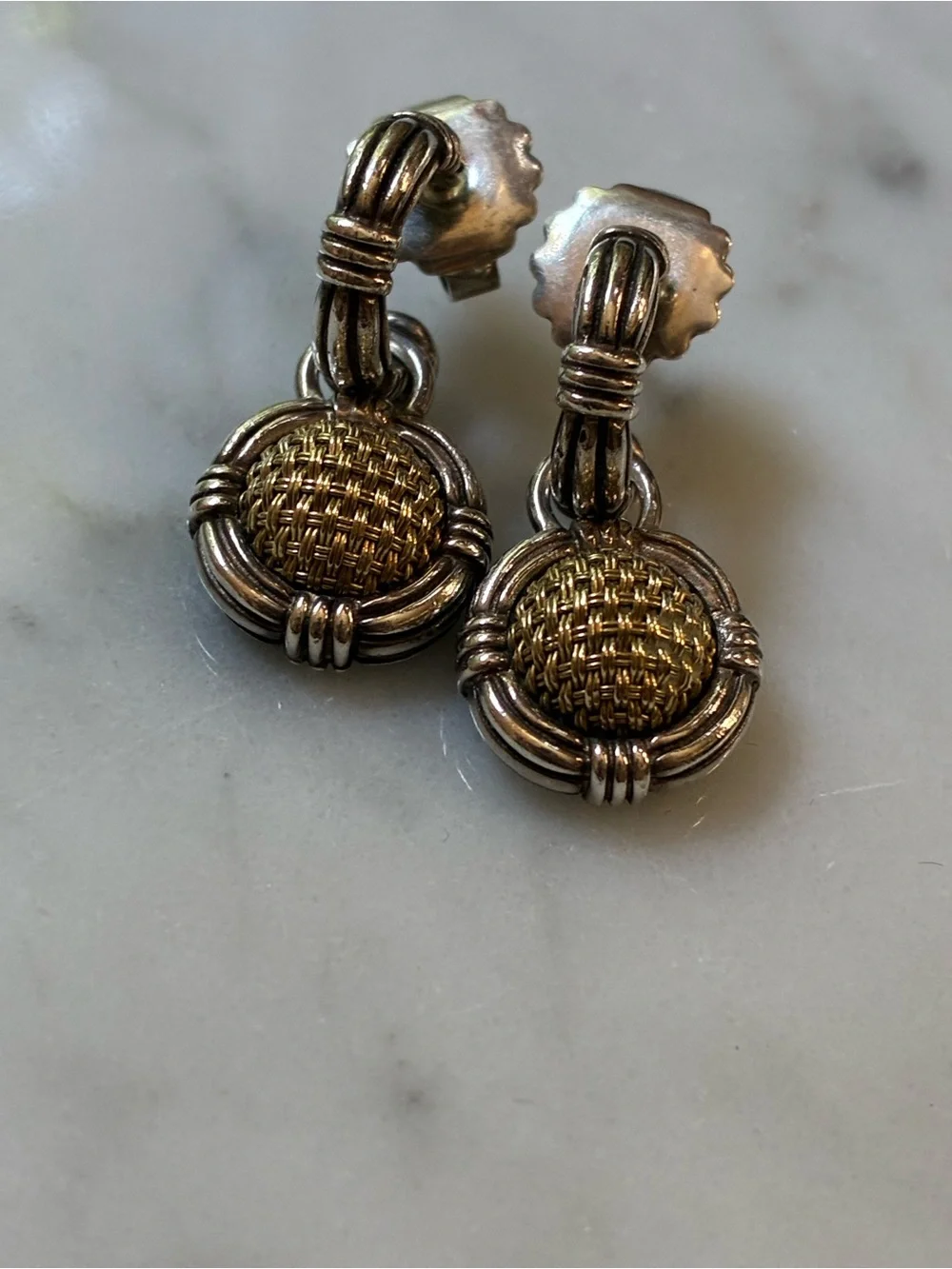 John Hardy Two-Tone Textured Drop Earrings in Gold and Silver